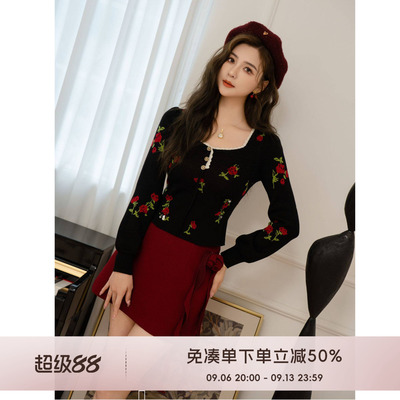 COCO BECCI【暗夜玫瑰】绵羊毛玫瑰刺绣优雅气质针织衫 CFXYC2310