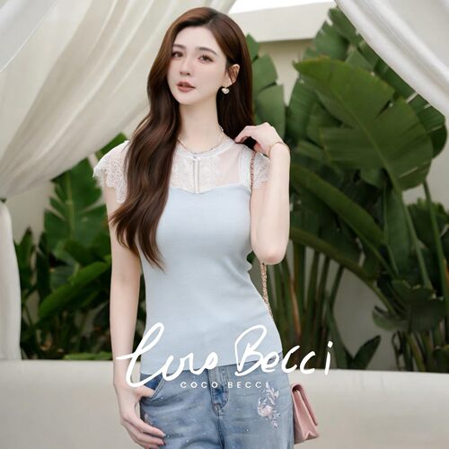 COCO BECCI【冰淇淋小衫】2026新款网纱蕾丝拼接小飞袖短袖t恤女