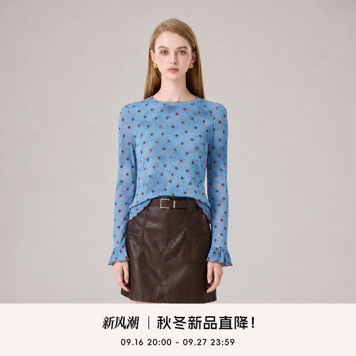 COCO BECCI【波点美学】复古波点圆领木耳边喇叭袖上衣女2026秋