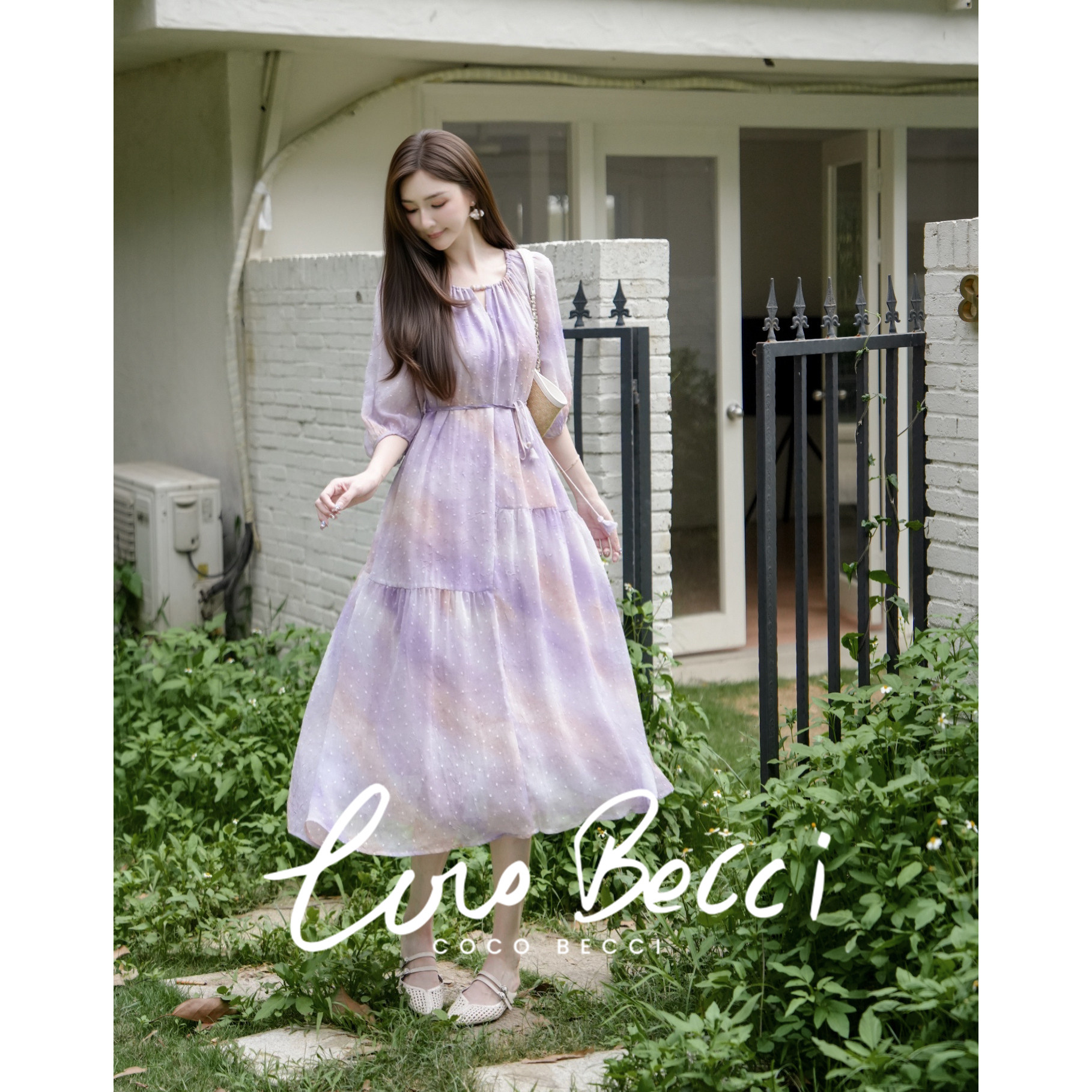 COCO BECCI【卢浮幻境】满天星波点印花晕染显瘦半袖连衣裙女夏季