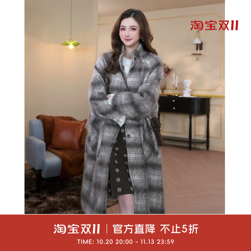 COCO BECCI【韩剧女主】绵羊毛桑蚕丝山羊绒复古格纹外套女秋冬
