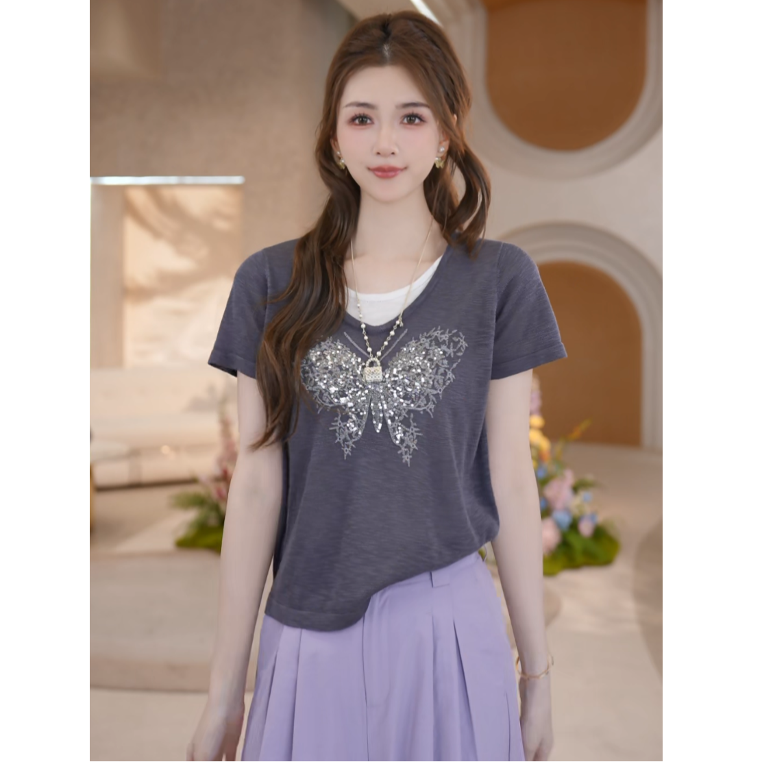COCO BECCI【蝴蝶T】蝴蝶烫钻V领假两件宽松显瘦针织短袖t恤上衣