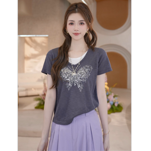 COCO BECCI【蝴蝶T】蝴蝶烫钻V领假两件宽松显瘦针织短袖t恤上衣