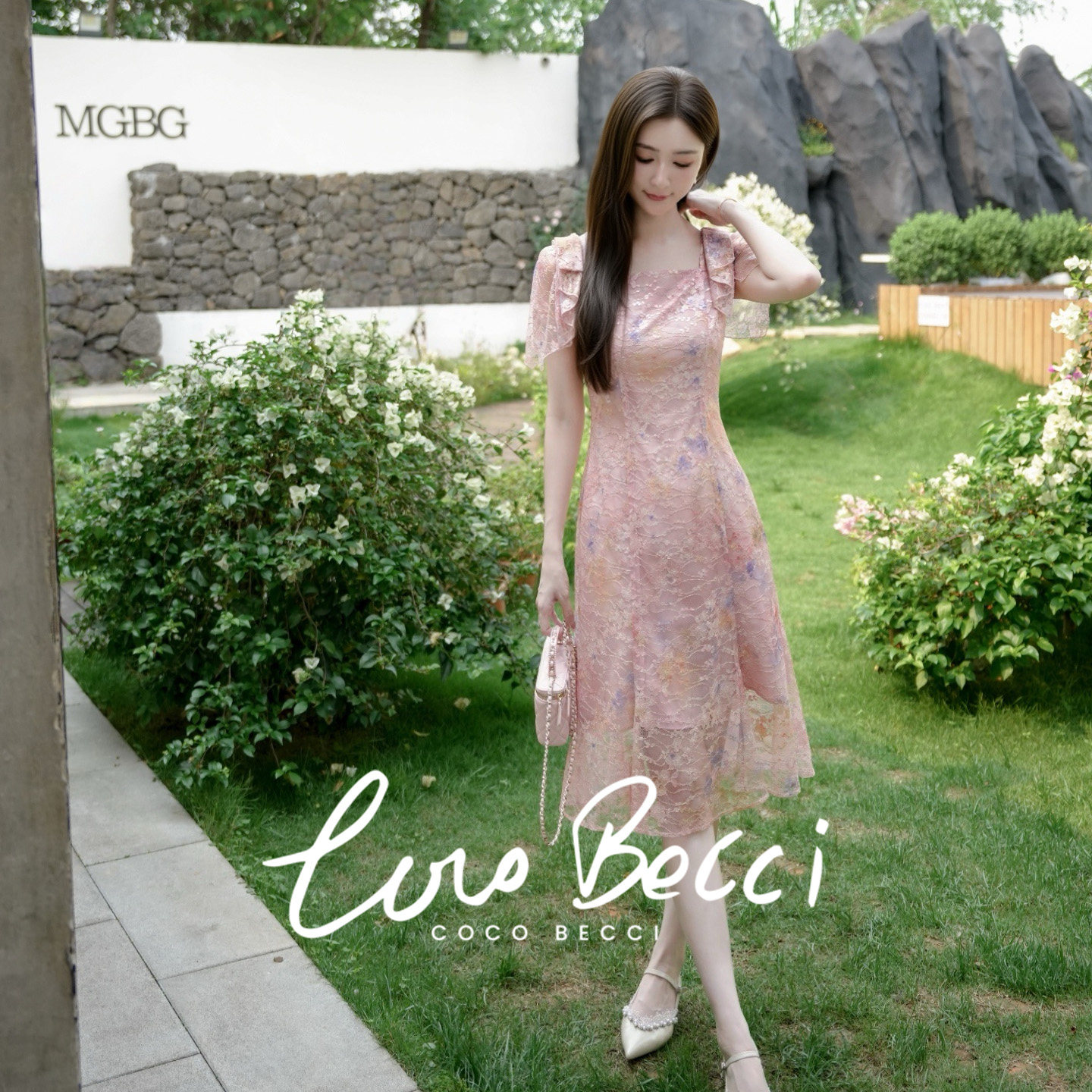 COCO BECCI【粉面桃花】法式碎花荷叶边蕾丝连衣裙女2026新款夏季