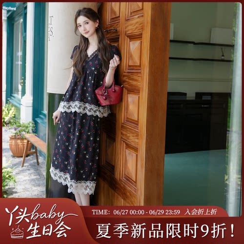 COCO BECCI【秘密花园】法式黑底碎花蕾丝气质优雅时尚套装裙女夏