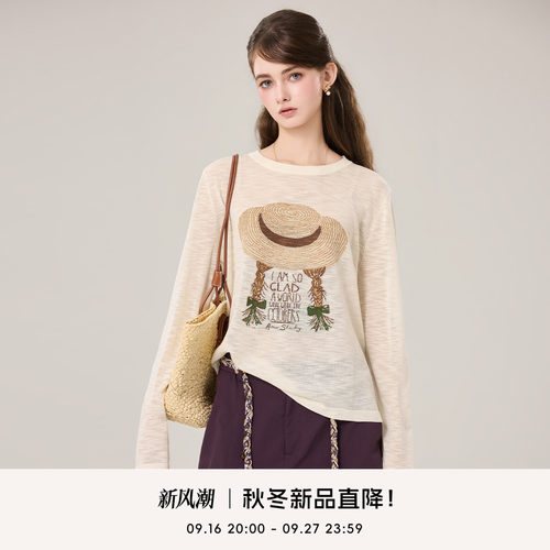 COCO BECCI【草帽女孩】复古麻花辫字母印花圆领针织衫上衣2026秋