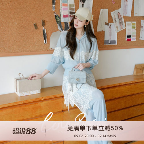 COCO BECCI【南洋旧梦】亮片蕾丝拼接碎钻连帽运动套装女2026秋季