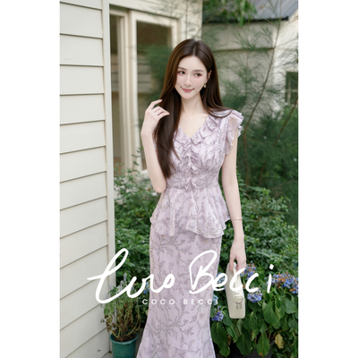 COCO BECCI【巴黎午后】新款法式荷叶边水墨枝蔓上衣/半身裙女夏