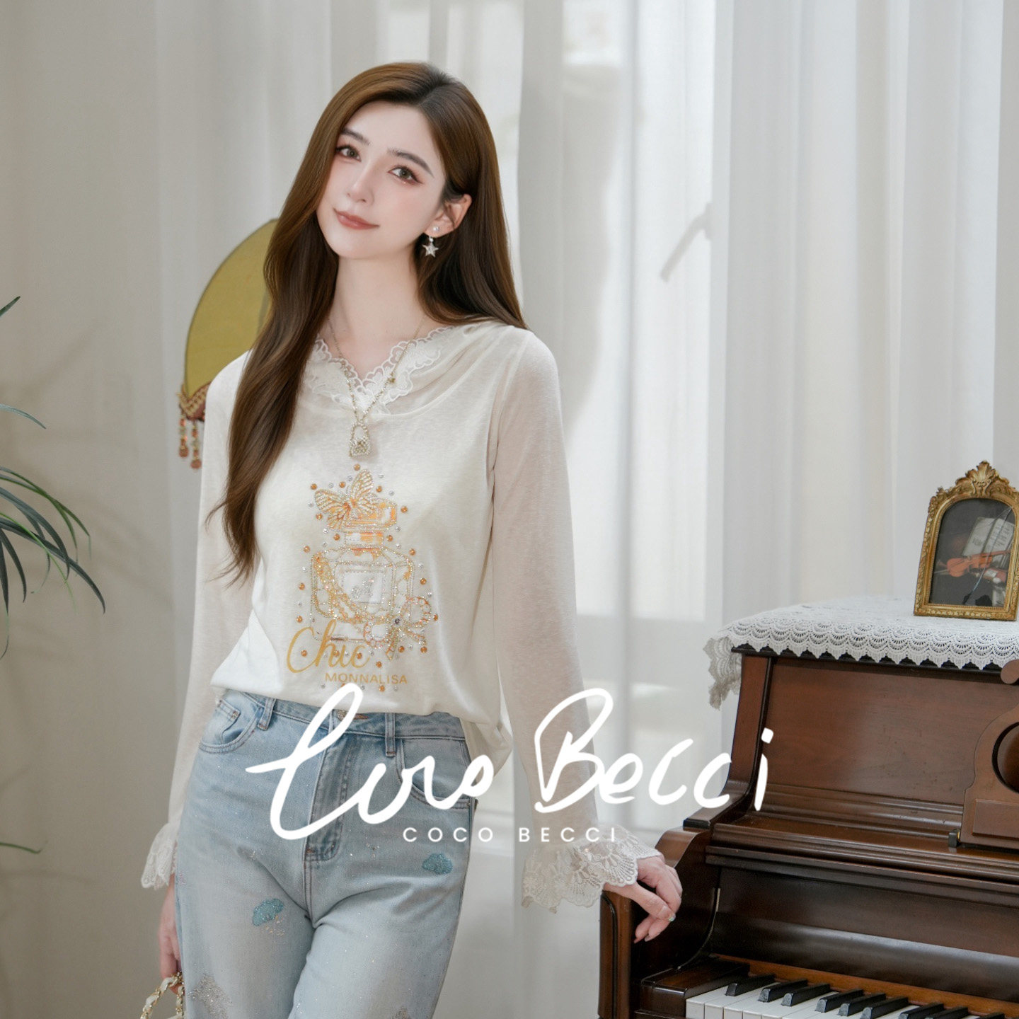 COCO BECCI【香水瓶】莱赛尔精致蕾丝花边连帽长袖上衣女2026新款