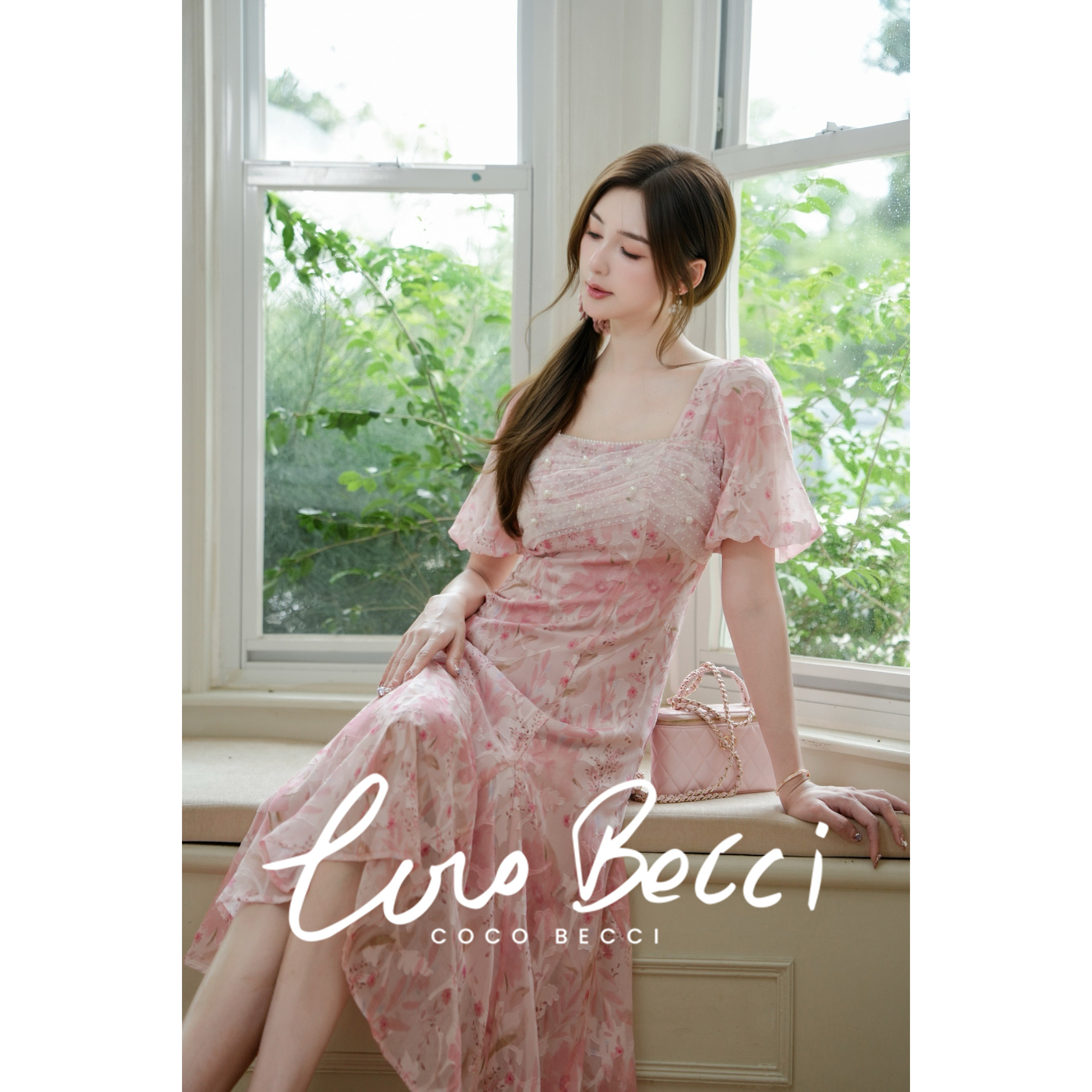 COCO BECCI【桃花之恋】法式方领网纱波点珍珠连衣裙女夏2026新款