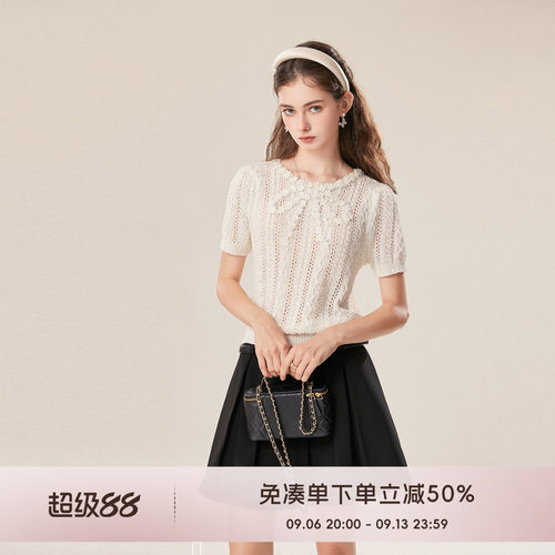 COCO BECCI【繁花织梦】波浪木耳边V领通勤少女感针织衫短袖女夏