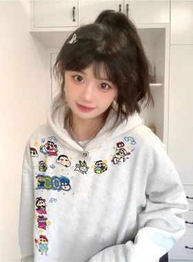 国潮小新印花高街灰色连帽卫衣女秋冬加绒设计感小众宽松慵懒外套