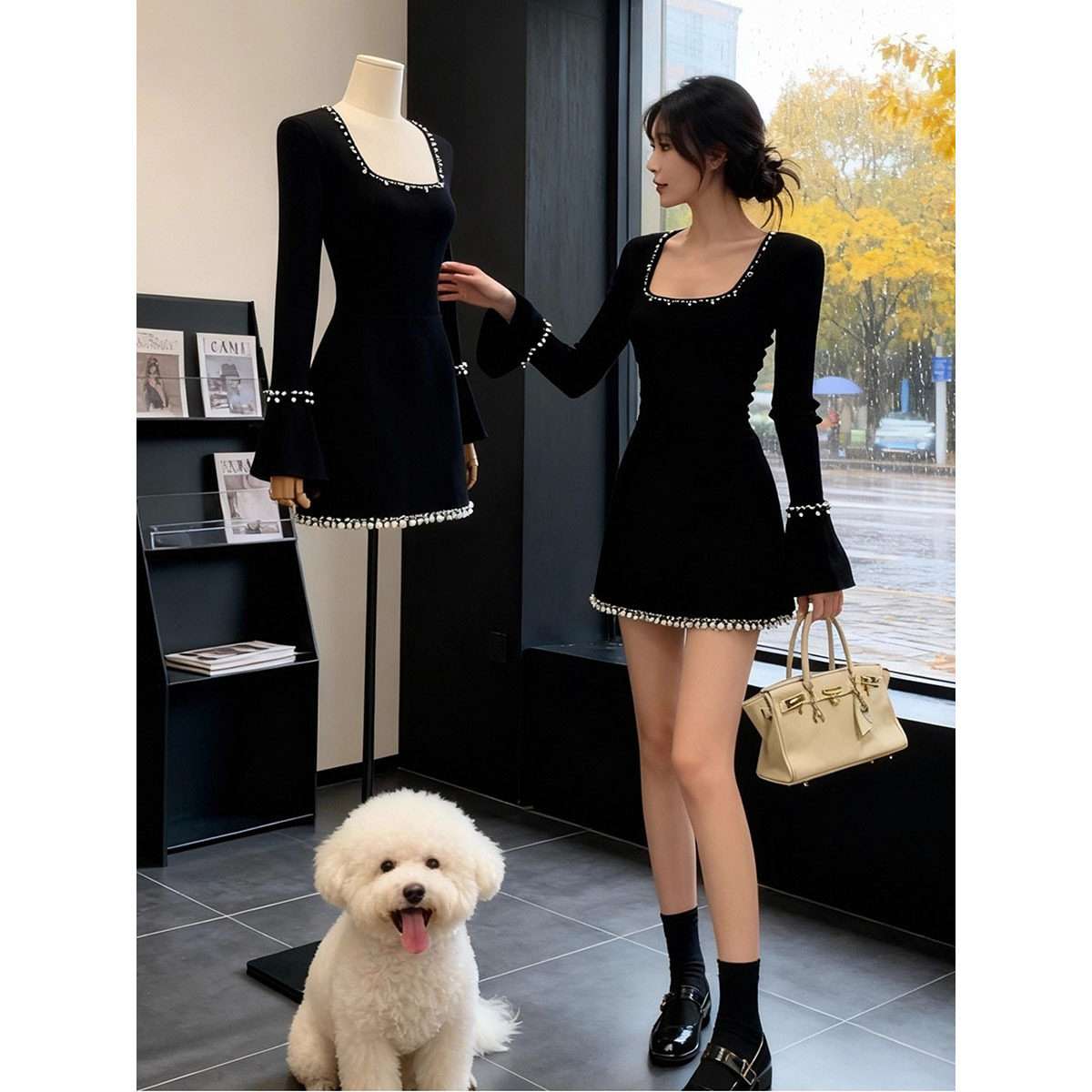 冬季内搭方领烫钻包臀短裙女装气质高贵打底黑色喇叭袖针织连衣裙,女装/女士精品,时尚套装,淘宝优惠券,粉丝福利购,淘宝优惠卷