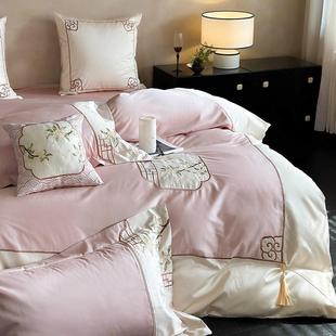 刺绣流苏全棉被套床单款 国风100S长绒棉纯棉四件套新中式 床上用品