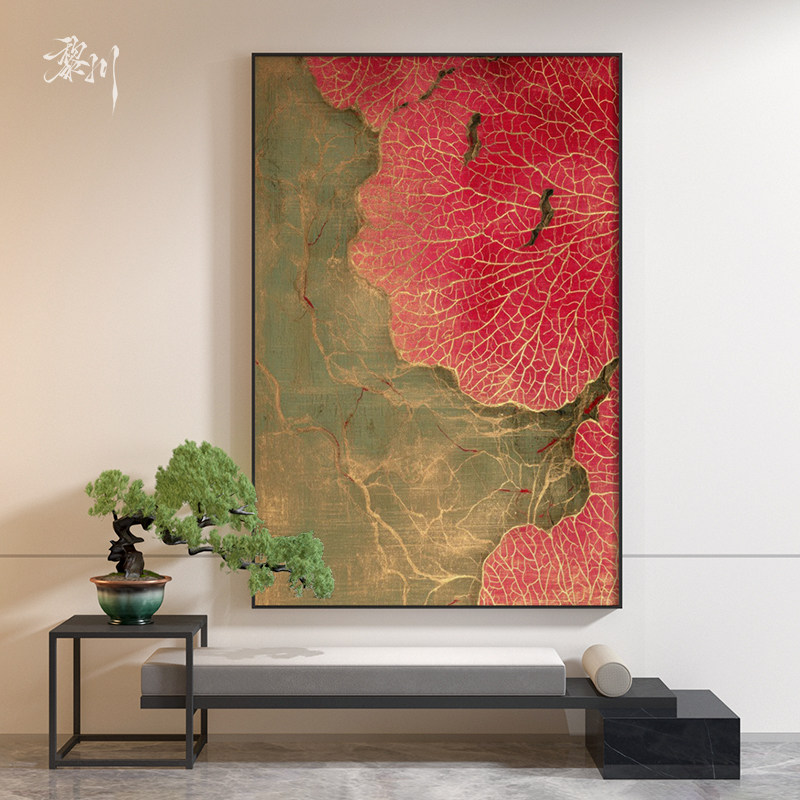 《叶脉丹华》现代简约红金叶脉装饰画客厅餐厅小众艺术背景墙挂画