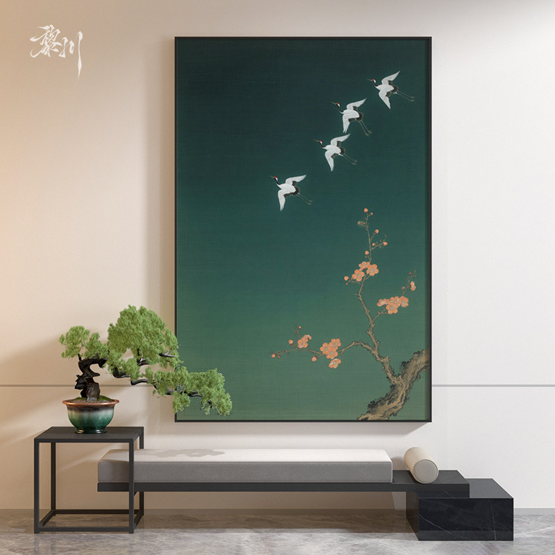 《鹤过梅梢》新中式墨绿群鹤花枝装饰画客厅玄关东方感背景墙挂画