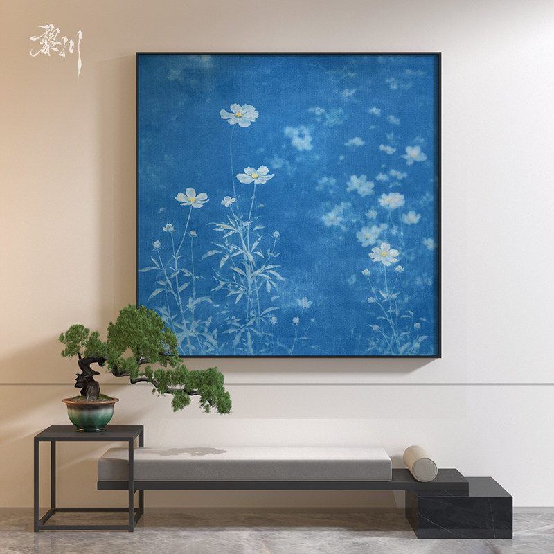 《蓝花》现代极简蓝底白花艺术客厅温柔感方形装饰画卧室床头挂画