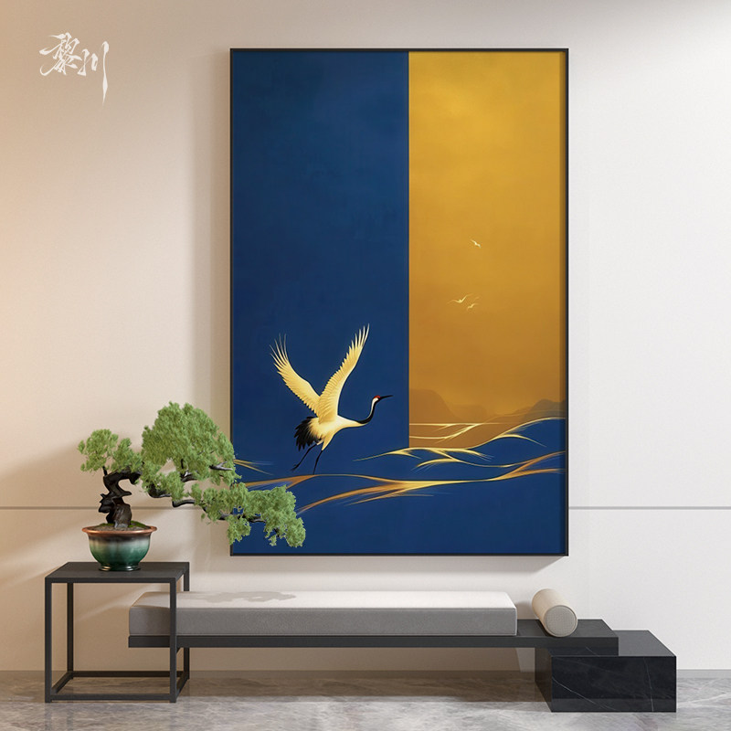 《鹤影鎏金》现代简约蓝金仙鹤装饰画客厅玄关意式极简背景墙挂画