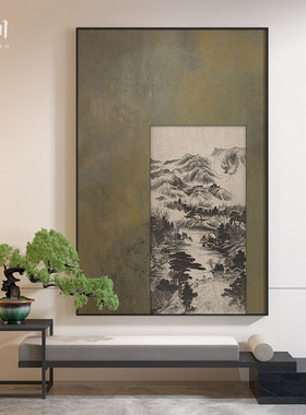 新中式高级感绿色中国风山水茶室高档客厅装饰画玄关壁画竖版挂画