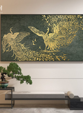 新中式装饰画客厅卧室书房茶室壁画绿色金色孔雀设计师横版挂画