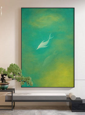 新中式轻奢抽象鲸鱼高级感绿色客厅卧室装饰画玄关背景墙壁画挂画