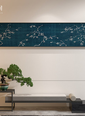 新中式横版装饰画蓝色玉兰花中国风艺术客厅茶室卧室床头壁画挂画