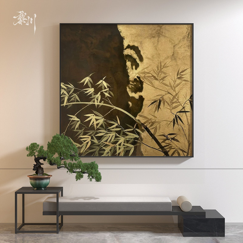 新中式轻奢竹叶中国风禅意书房玄关客厅装饰画背景墙壁画方形挂画