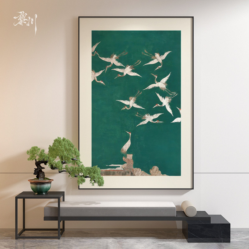 《鹤舞苍翠》东方复古墨绿群鹤装饰画客厅玄关祥瑞意境背景墙挂画