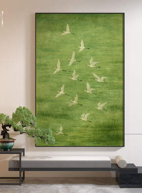 新中式绿色高级感飞鸟酒店茶室客厅卧室装饰画玄关背景墙壁画挂画