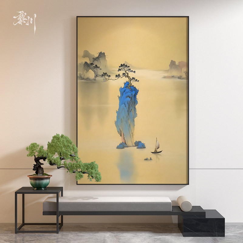 《青屿泛舟》新中式金色山水装饰画书房玄关禅意山景图背景墙挂画