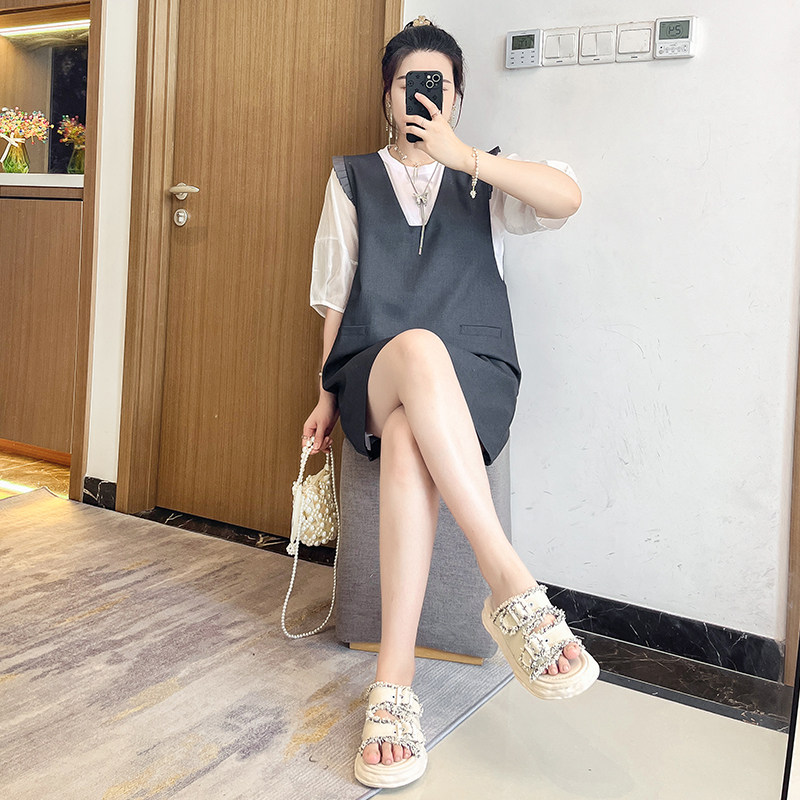 大码女今年流行灰色背带裙夏季女2024新款N小个子减龄套装裙两件