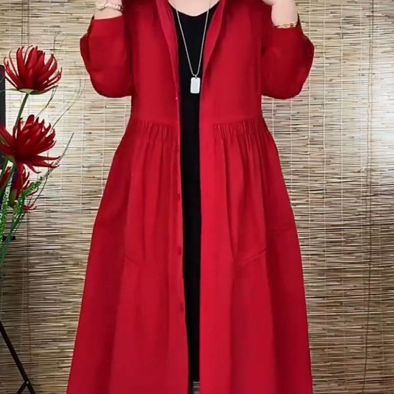 春夏季薄款连帽单排扣女士风衣时尚百搭中长款大码气质大衣妈妈装