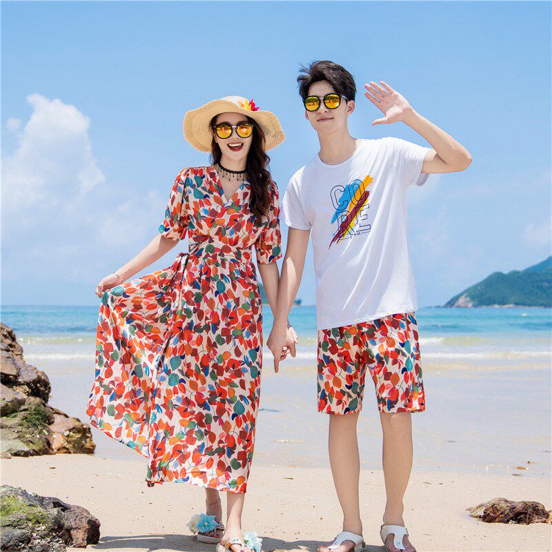 夏季情侣装2024新款云s南三亚旅游度假你衣我裙红色海边沙滩套装