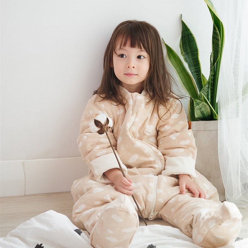 A类婴儿棉花睡袋 宝宝冬季加厚纯棉防踢被配脚套分袖保暖彩棉