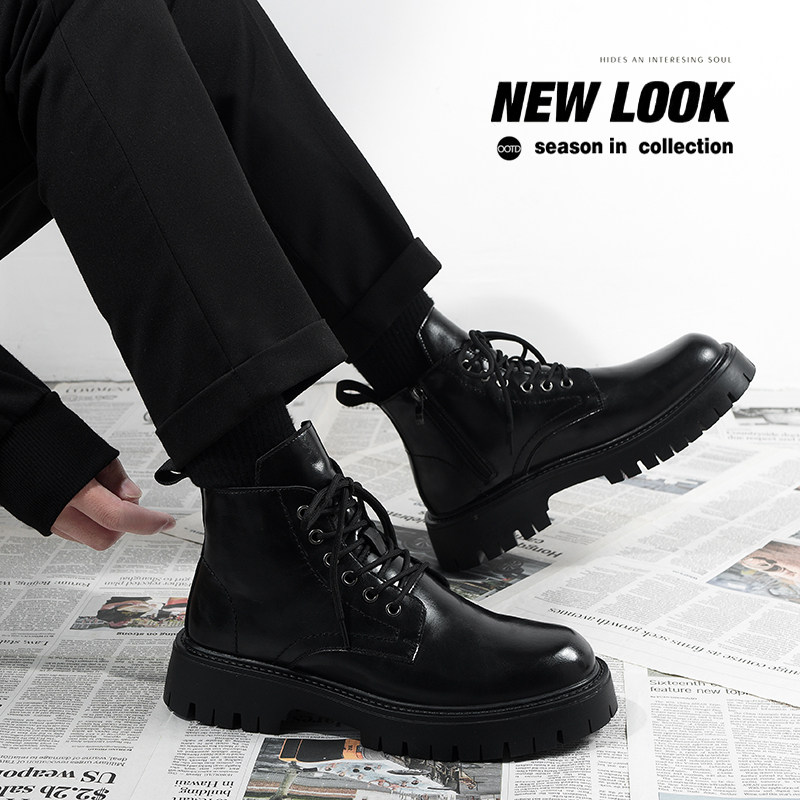 马丁靴男款英伦风中帮皮鞋厚底增高男生皮靴子侧拉链高帮透气男靴