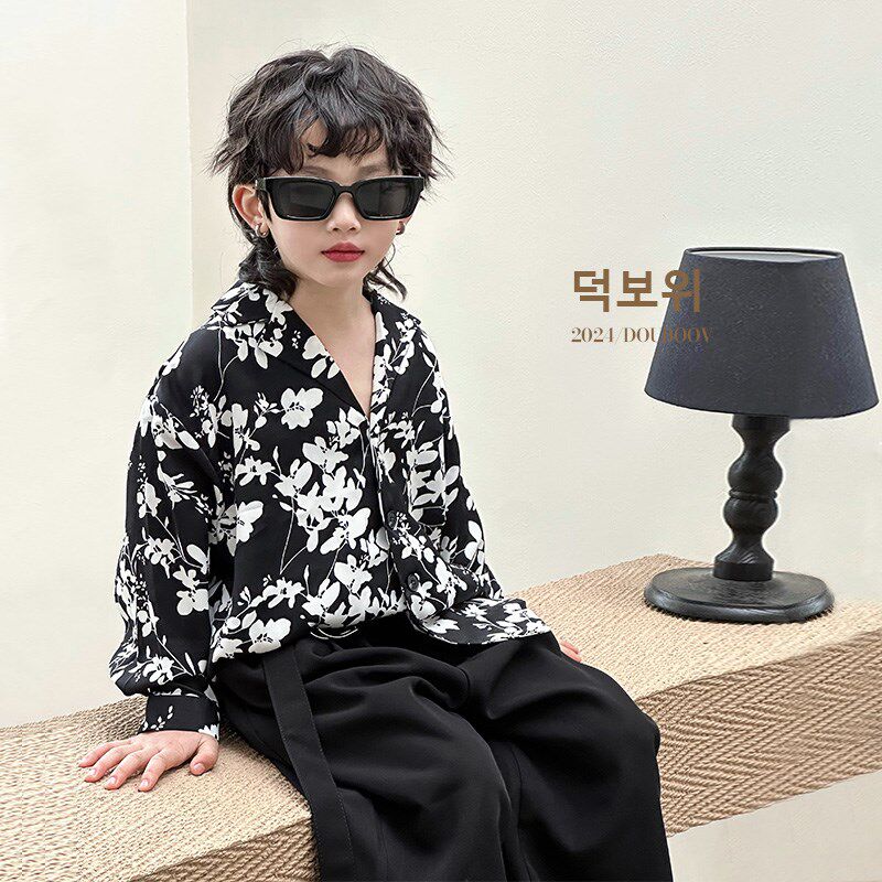 男童印花衬衫2024春季宽松儿童度假风慵懒碎花宝宝长袖.纯棉衬衣