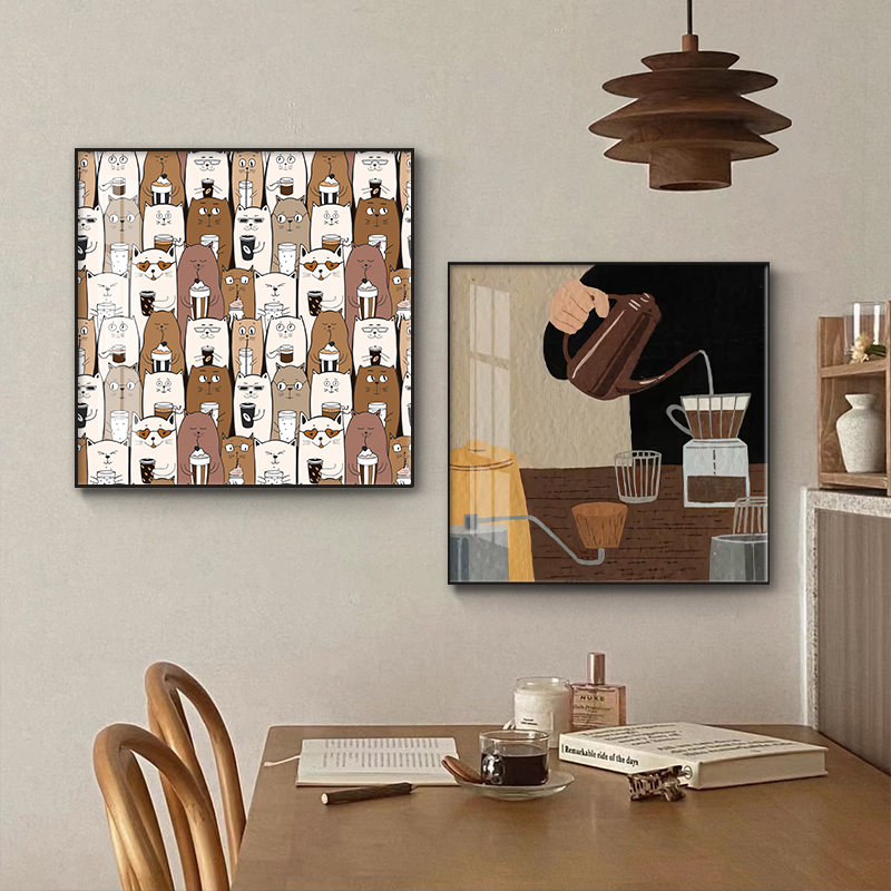 猫咪咖啡装饰画卡通宠物饭厅餐桌背景墙壁画小众艺术桌面摆台挂画
