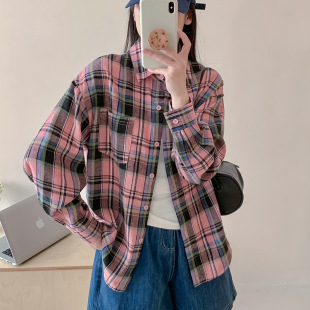 [太阳]新款港风美式格子衬衫