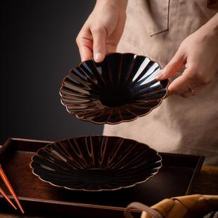 莳绘金缮复古高级感陶瓷圆盘菜盘点心蛋糕水果餐具家用菊花边浅盘