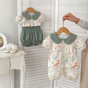 婴儿连体衣薄款撞色碎花哈u衣女宝宝分体套装爬服婴幼儿0-1岁夏装