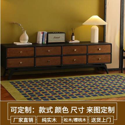 法式复古实木电视柜多双层黑色超长抽屉落地脚纯全实木樱桃木定制