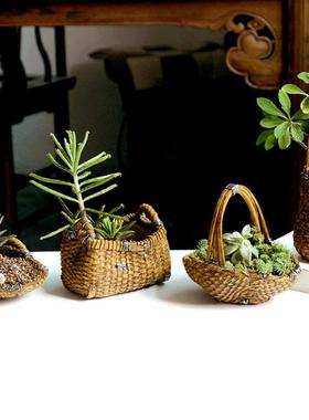 创意个性迷你小篮子树脂多肉花盆仿竹编壁挂藤编装饰品礼物圣诞节