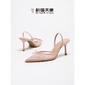feet& love绝美尖头网纱包头凉鞋 女温柔蝴蝶结百搭高跟鞋