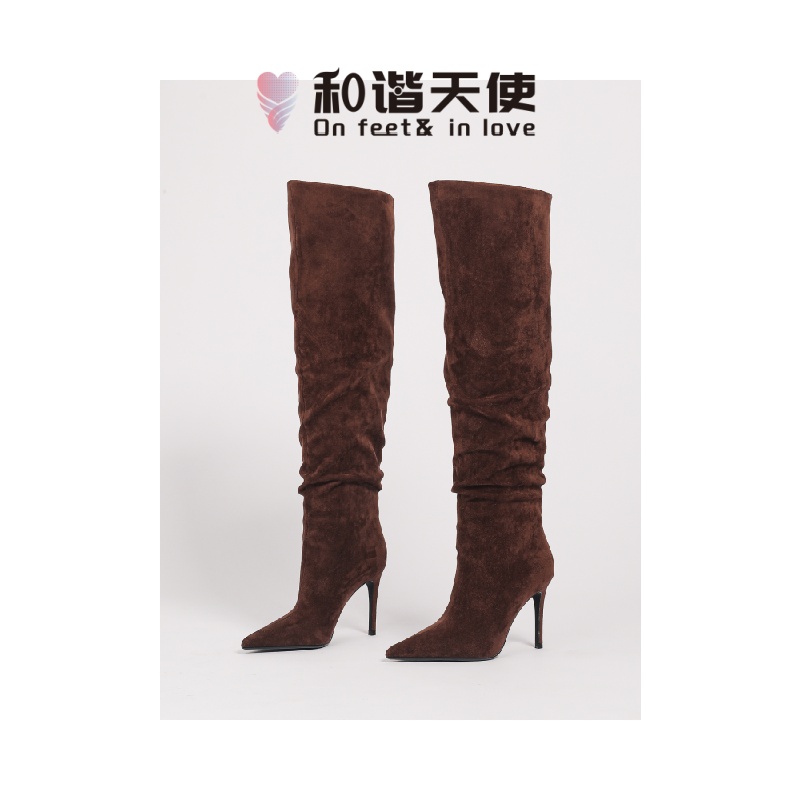 绒面褶皱堆堆长筒靴女尖头细高跟