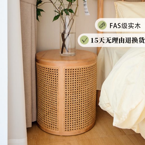 藤编床头柜原木风小实木边几置物架卧室小型编织圆形窄中古脏衣篓