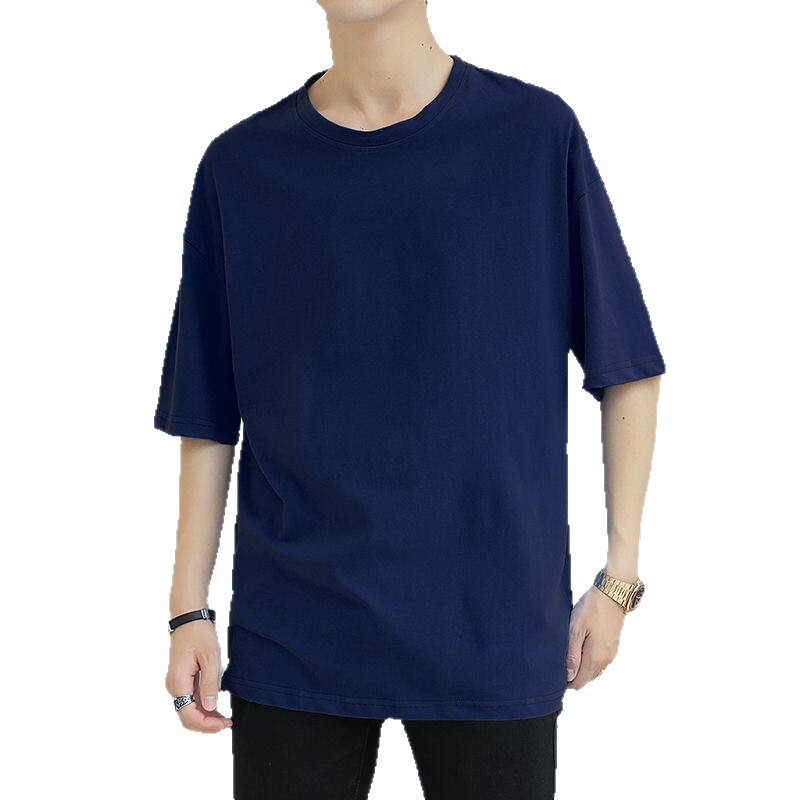跨境短袖T恤衫男夏季衣服青少年男装T恤潮流韩版宽松纯黑色五分半