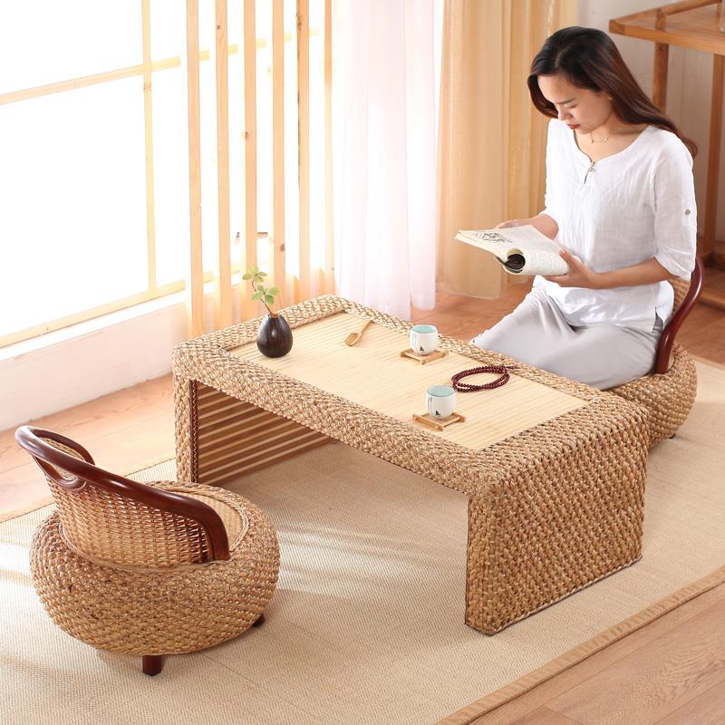 藤编飘窗小茶几窗台榻榻米小桌子禅意日式茶桌长方形坐地矮桌炕桌