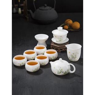 家用茶壶茶杯盖碗轻奢高档礼盒 张丽娇手绘素烧羊脂玉功夫茶具套装