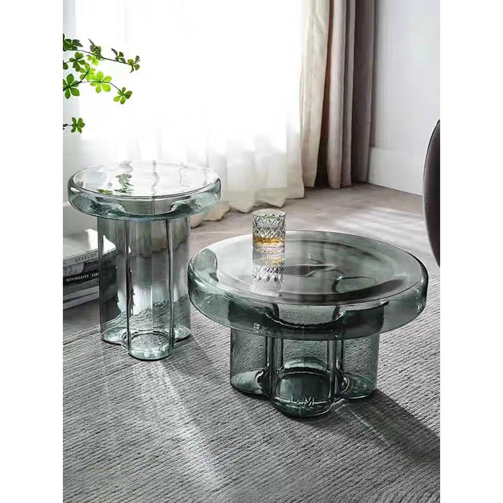 轻奢高级感沙发边几玻璃客厅设计师角几沙发阳台圆形茶几意式茶桌