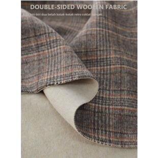 覆古暖棕格纹双面羊毛呢布料秋冬加厚大衣斗篷外套设计师毛料面料